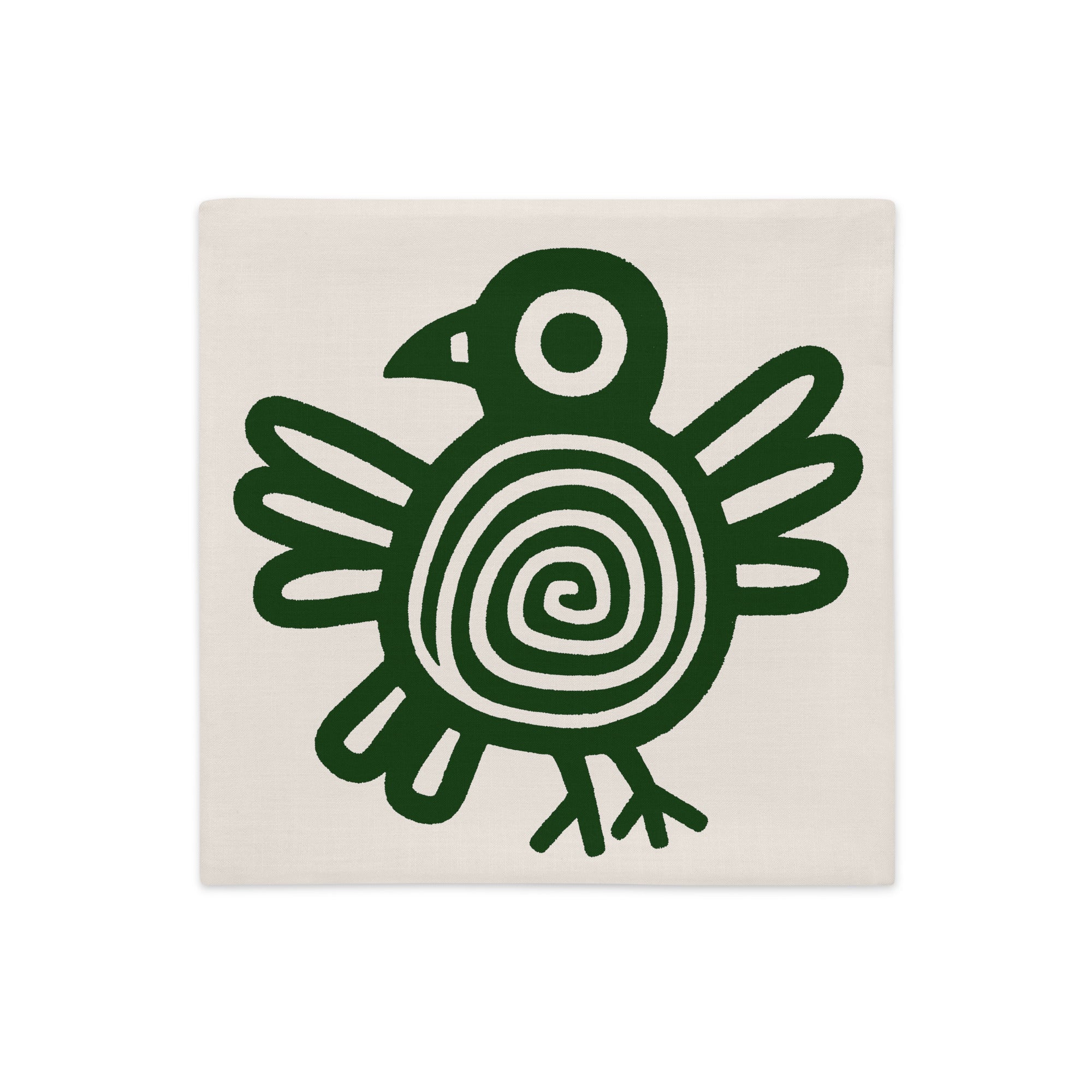 Housse de Coussin Mzelle design, Décoration Masque Précolombien et Motif Oiseau Maya fond vert et motif écru