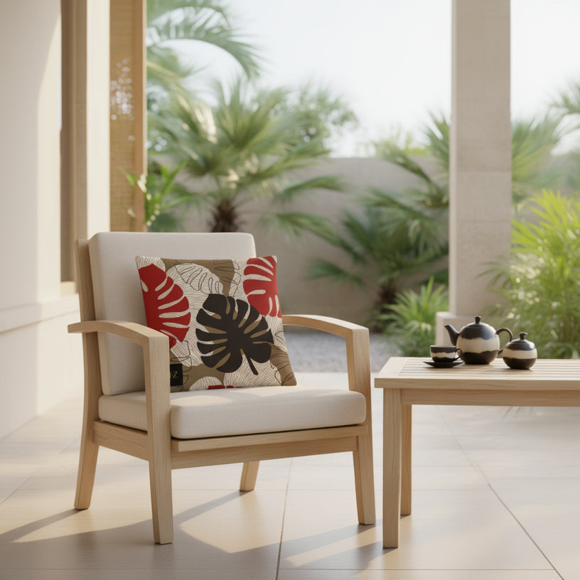 Décoration extérieur avec un Coussin d'ambiance Mzelle Design aspect Lin imprimé avec des Monsteras Deliciosa enlacées sur fond de composition graphique, écru, rouge et marron cacao.