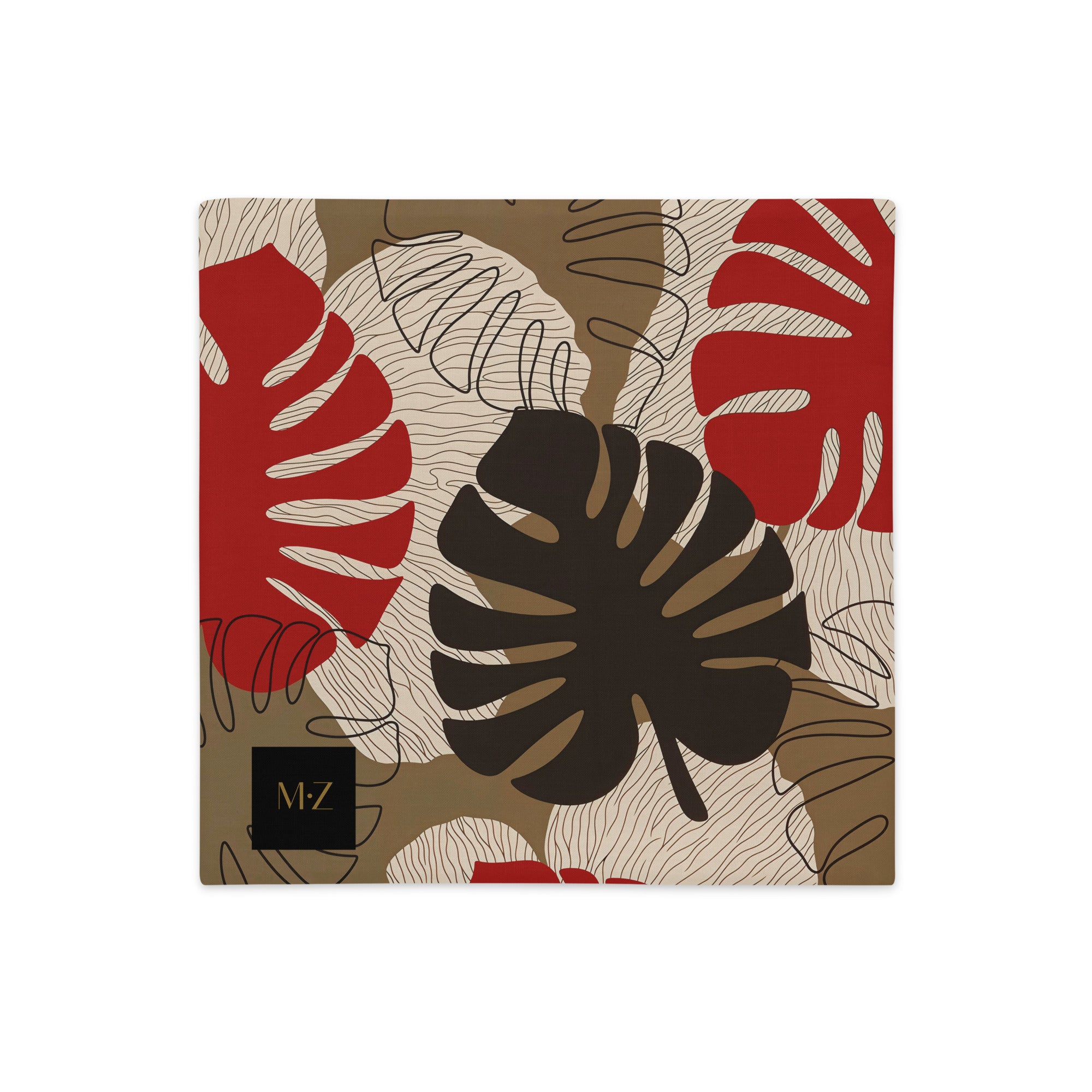 Housse de Coussin d'ambiance Mzelle Design aspect Lin imprimé avec des Monsteras Deliciosa enlacées sur fond de composition graphique, écru, rouge et marron cacao.
