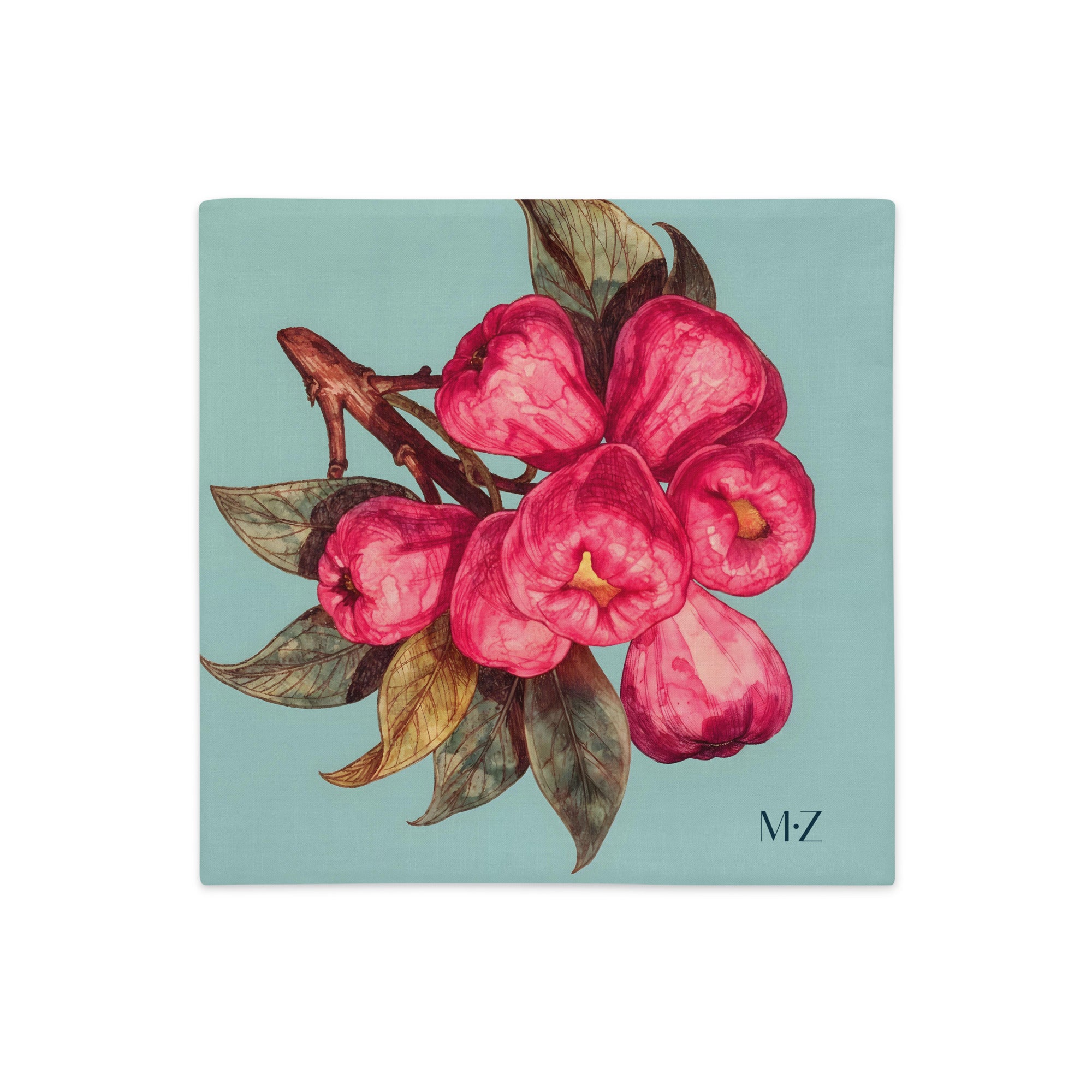 Housse de coussin aspect lin MZelle Design, motif subtile et artistique de fruits pommes malacca roses su fond turquoise.