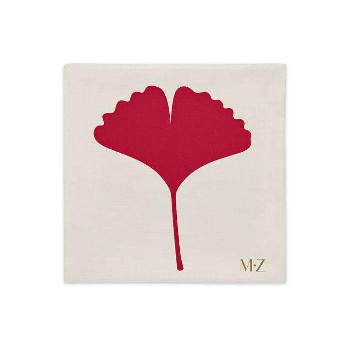 Housse décorative carré MZelle design, aspect lin inspirée par l'univers japonais imprimé feuille de ginkgo rouge sur fond écru, feuilles noires.
