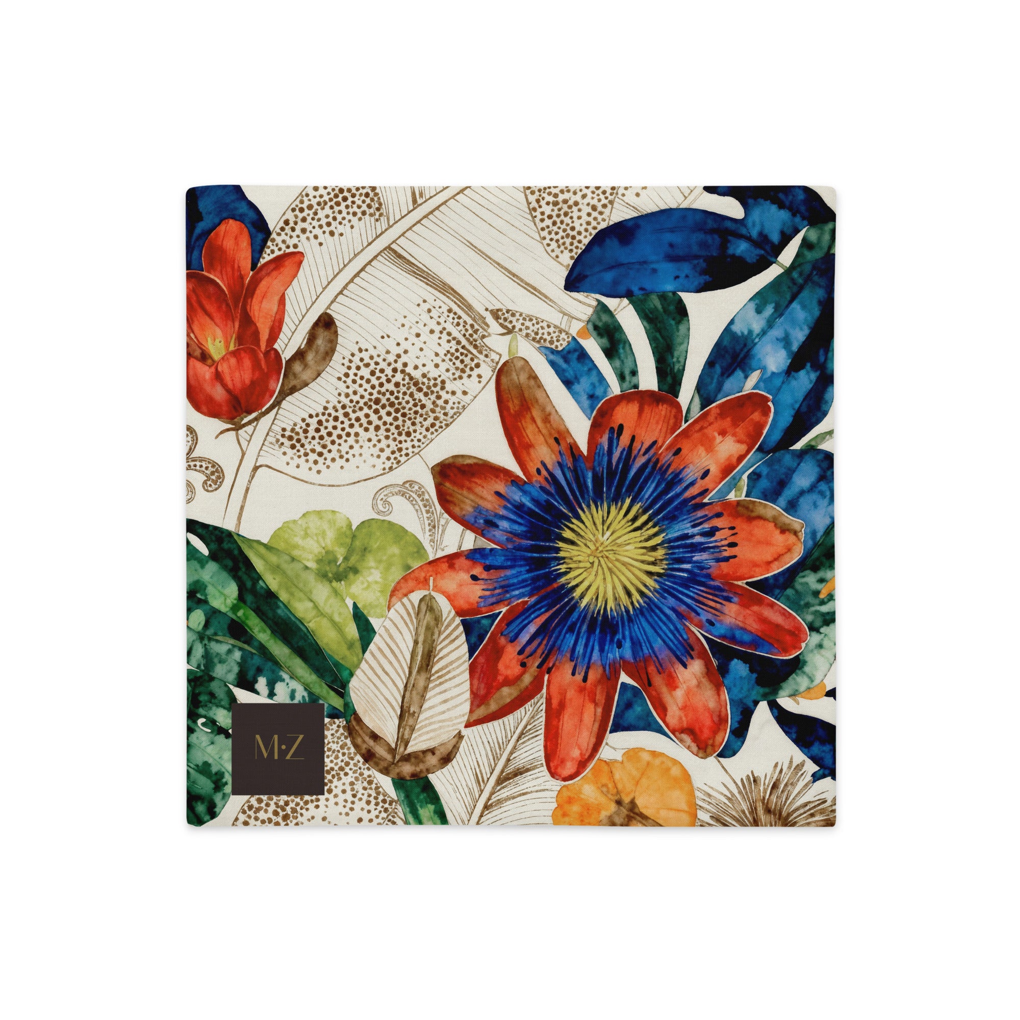 Housse décorative aspect lin, mzelle design pour Coussin haut de gamme, motif fleurs exotiques au design naturaliste inspiré des Antilles. Imprimés modernes, décoration tropicale élégante.