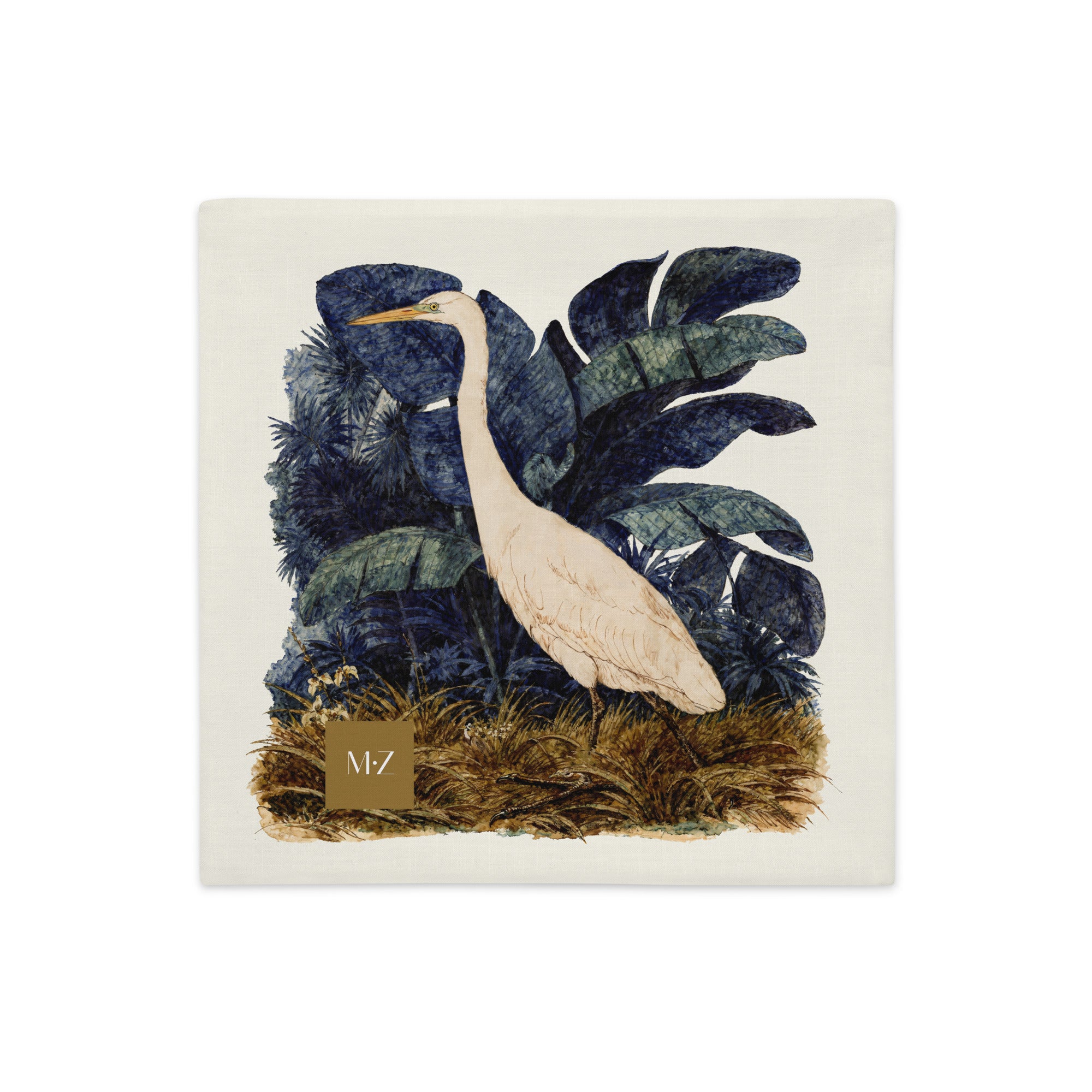 Housse de coussin décorative CARAÏBE mzelle design, Imprimé tropical héron pique boeuf, Créole Antilles style aquarelle naturaliste.