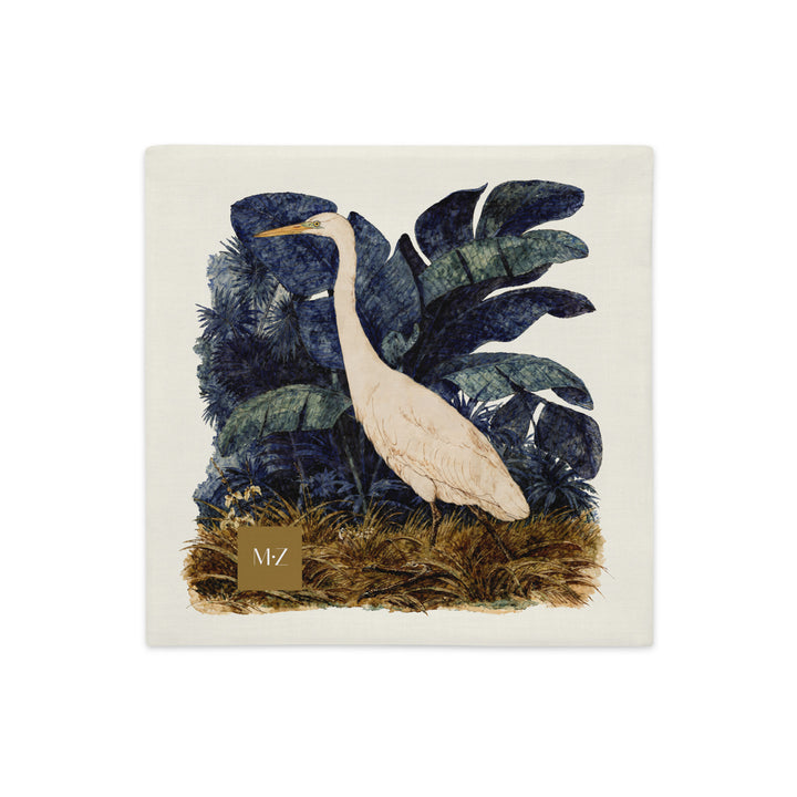 Housse de coussin décorative CARAÏBE mzelle design, Imprimé tropical héron pique boeuf, Créole Antilles style aquarelle naturaliste.