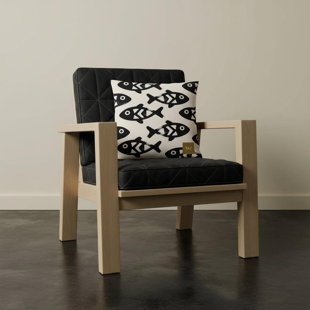 Photographie professionnelle qualité studio, d'un coussin carré mzelle dsign motifs poissons disposé sur une chaise japonaise sans accoudoirs, dossier en tissu noir surpiqué de fil écru, structure épaisse, disposé dans décor écru neutre, sol en béton ciré noir.