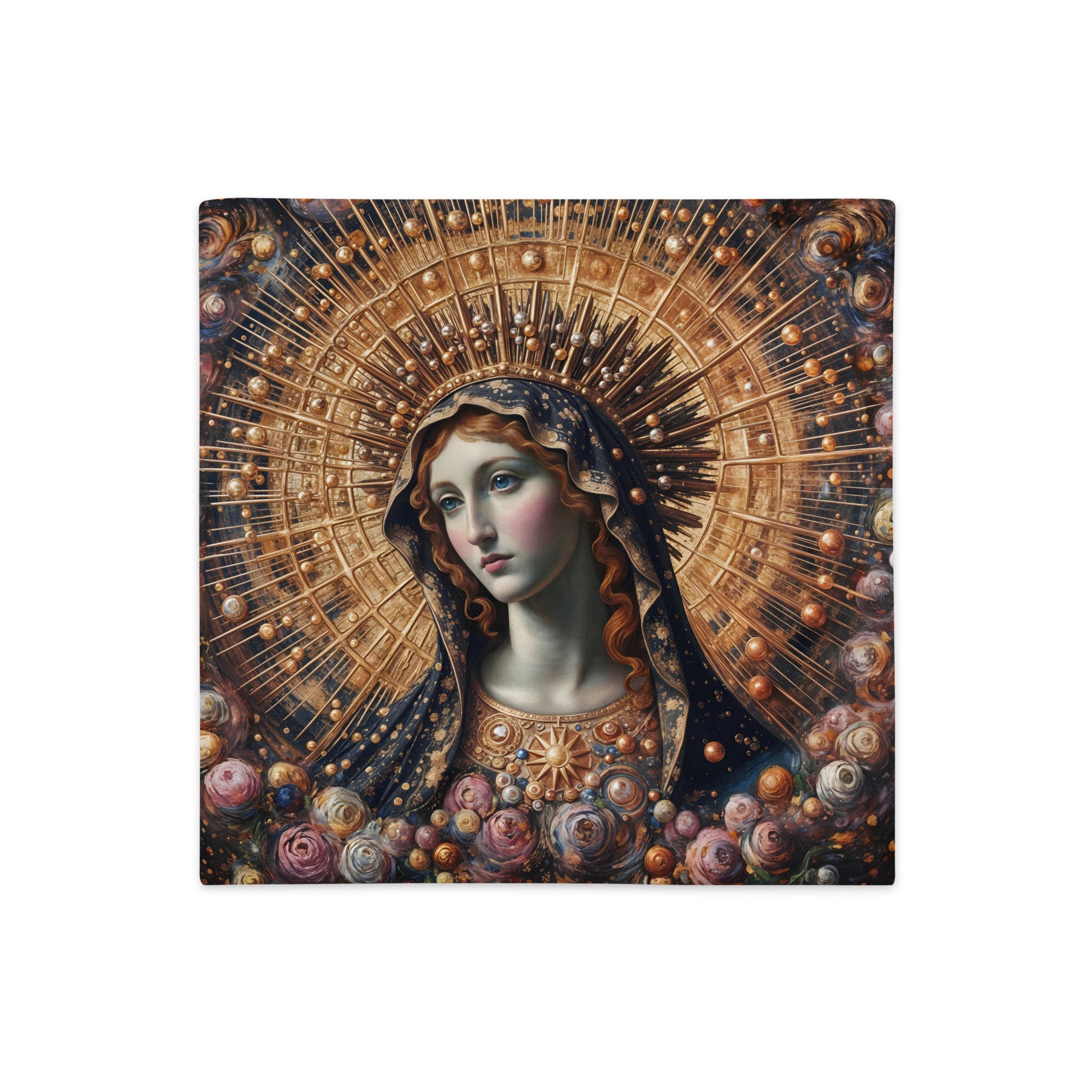 Housse de Coussin Mzelle Design, motif artistique inspiré du fauvisme, Vierge Marie entourée de fleurs