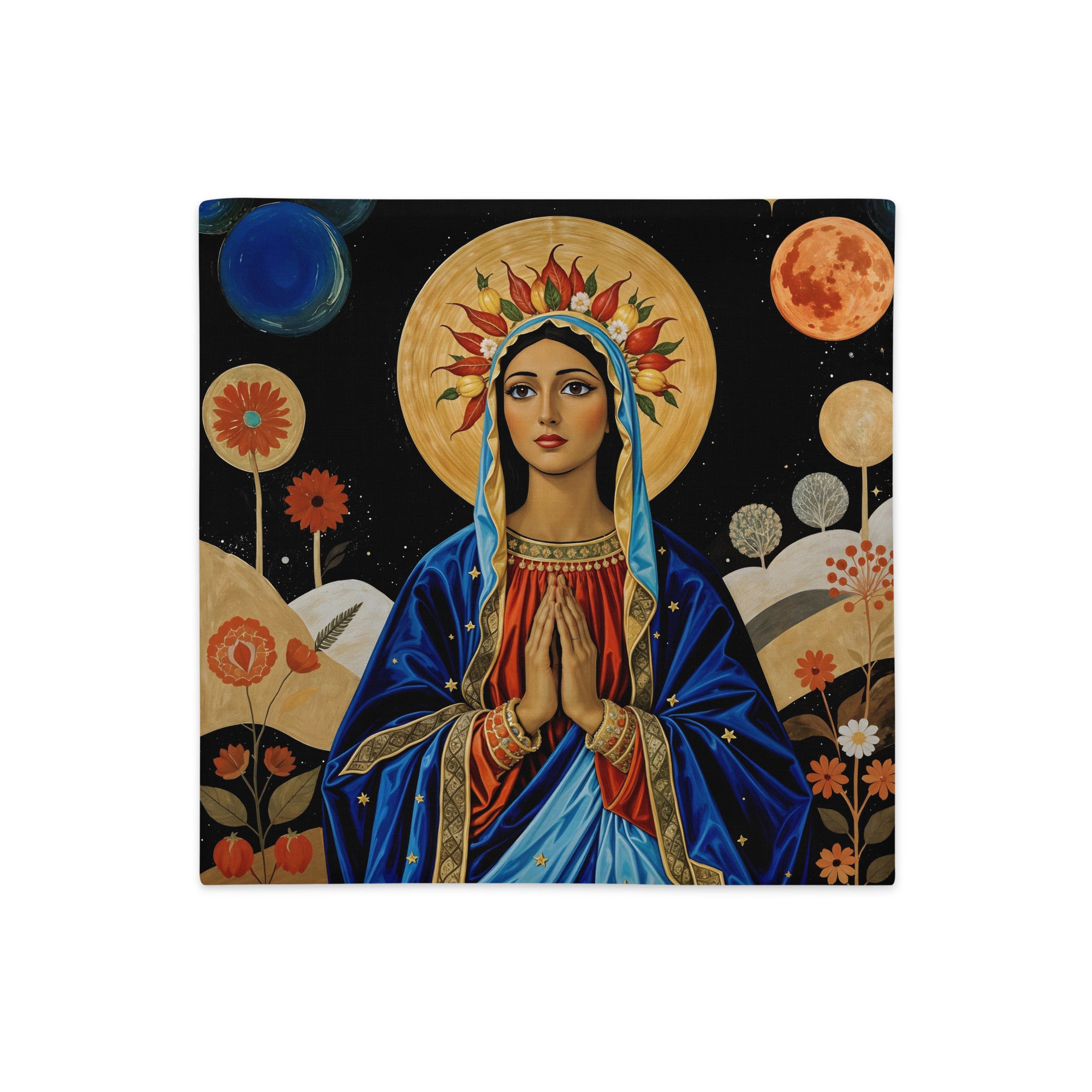 Housse de Coussin Mzelle Design, motif MADONE Vierge Marie style Latine , paysage naif sur fond noir