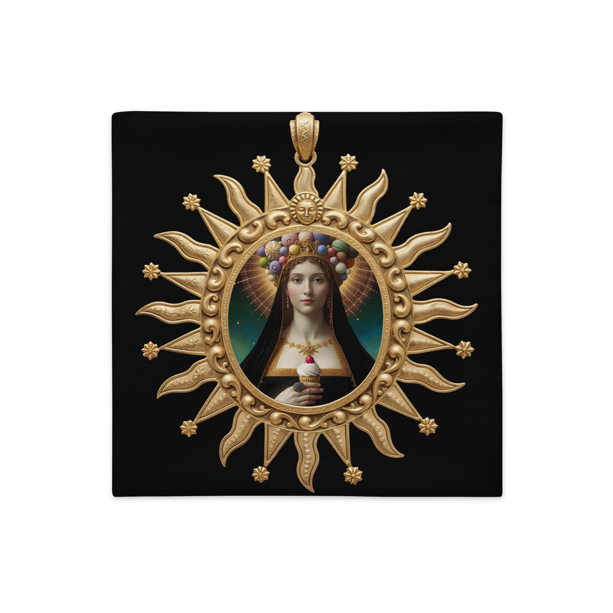 Housse de Coussin POP MARY MZelle Design, motif Médaillon doré Madone avec des Cupcakes sur fond noir