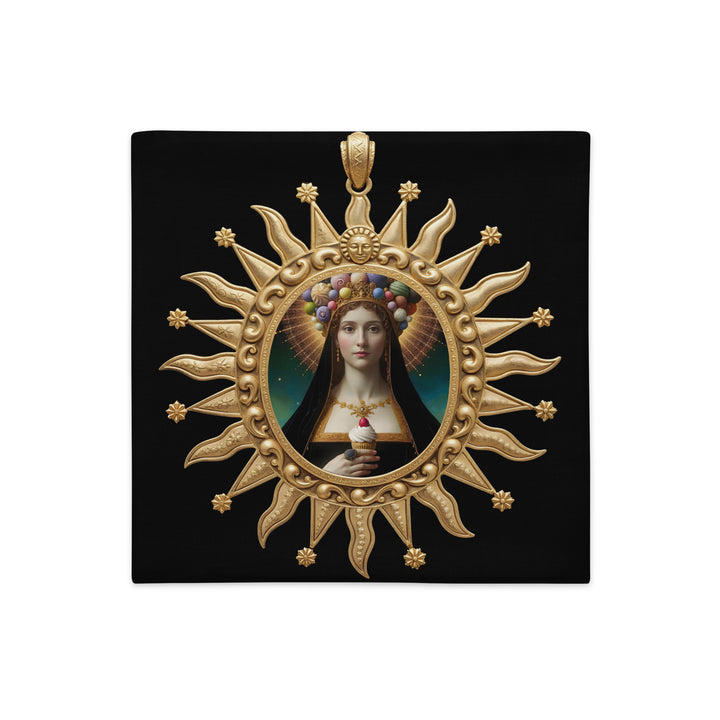 Housse de Coussin POP MARY MZelle Design, motif Médaillon doré Madone avec des Cupcakes sur fond noir