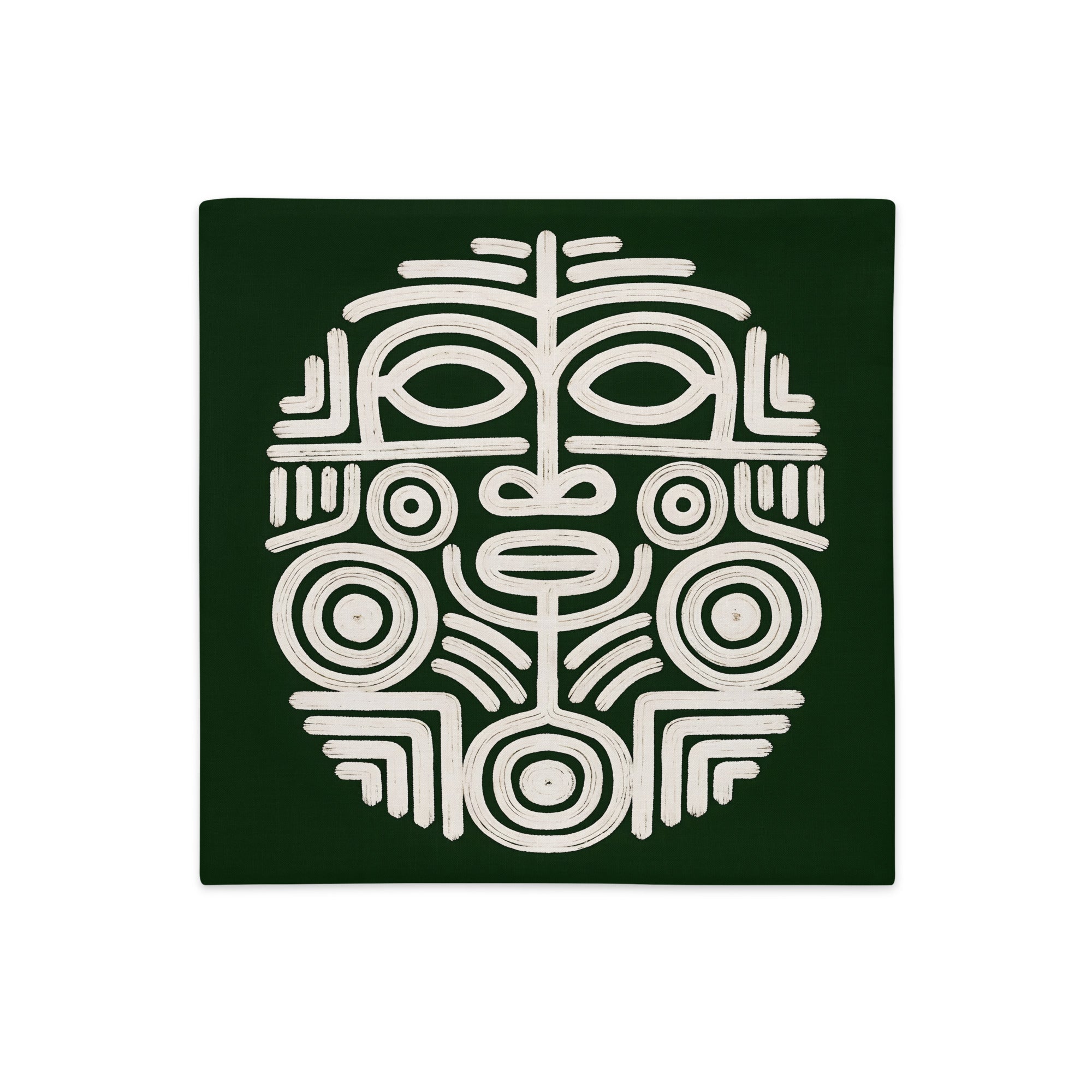 Housse de Coussin Mzelle design, Décoration Masque Précolombien et Motif Oiseau Maya fond vert et motif écru