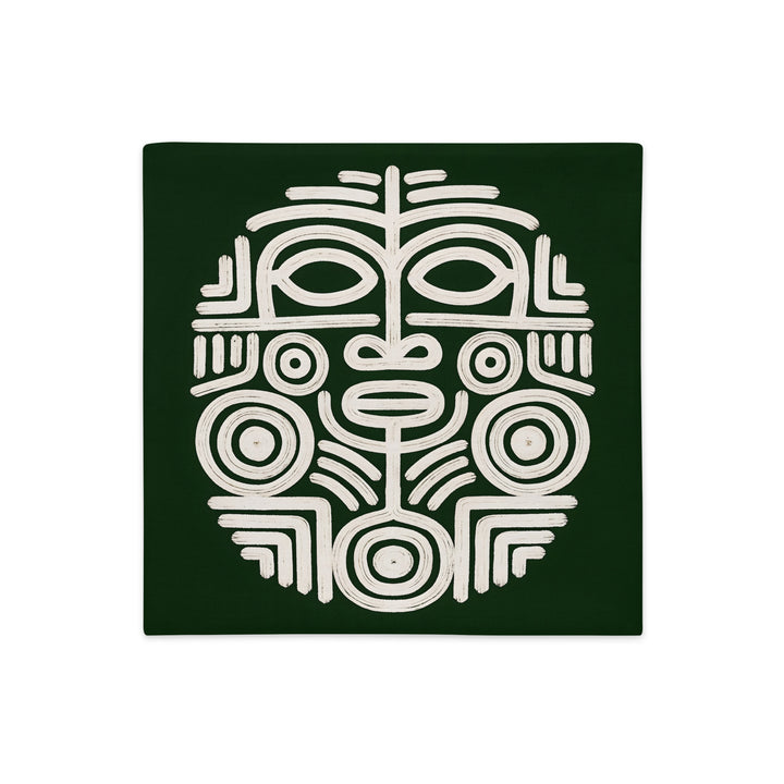 Housse de Coussin Mzelle design, Décoration Masque Précolombien et Motif Oiseau Maya fond vert et motif écru
