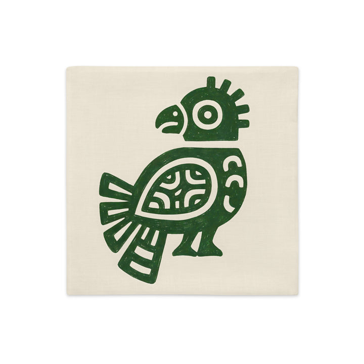 Housse décorative aspect lin MZelle design style Arts rupestres Tainos, motifs pétroglyphes, fond écru et oiseau vert