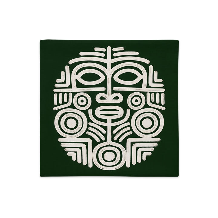 Housse de Coussin Mzelle design, Décoration Masque Précolombien et Motif Oiseau Maya fond vert et motif écru