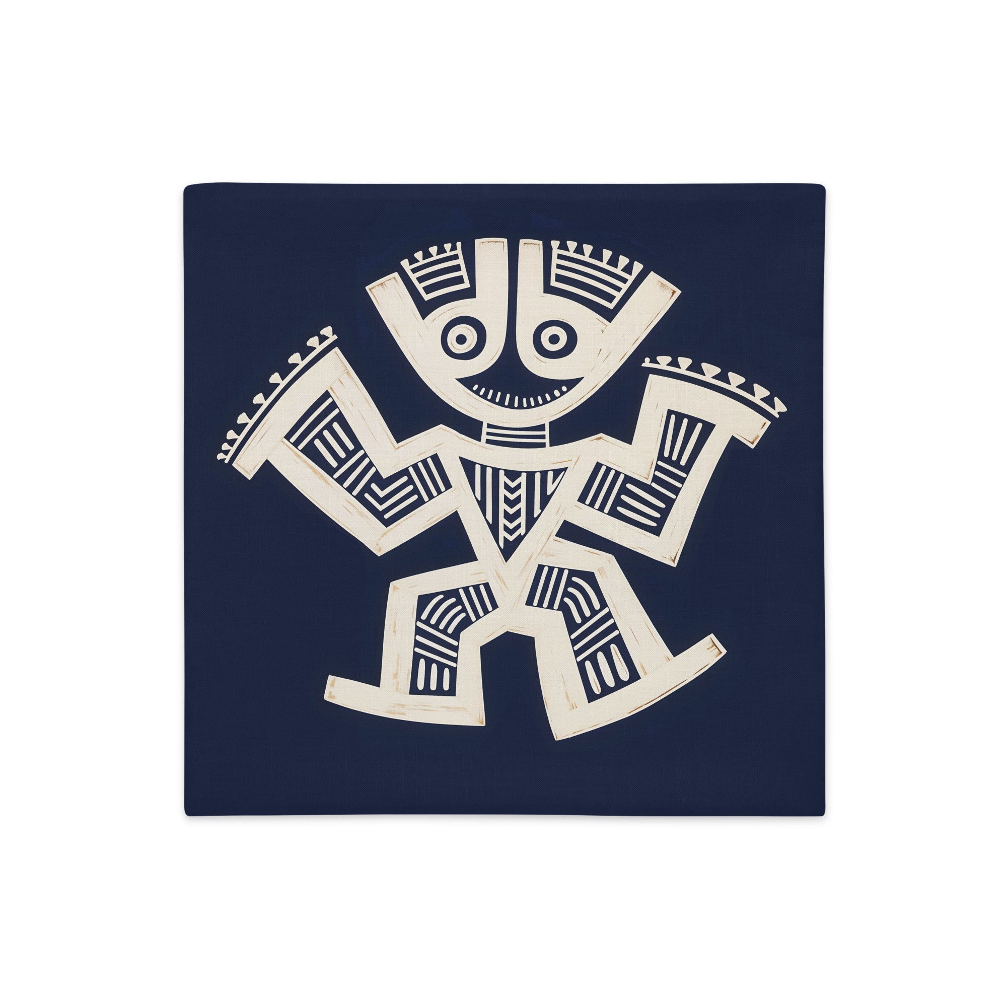 Housse de Coussin MZlle Design Décoration Ethnique Motif Précolombien ecru sur fond bleu