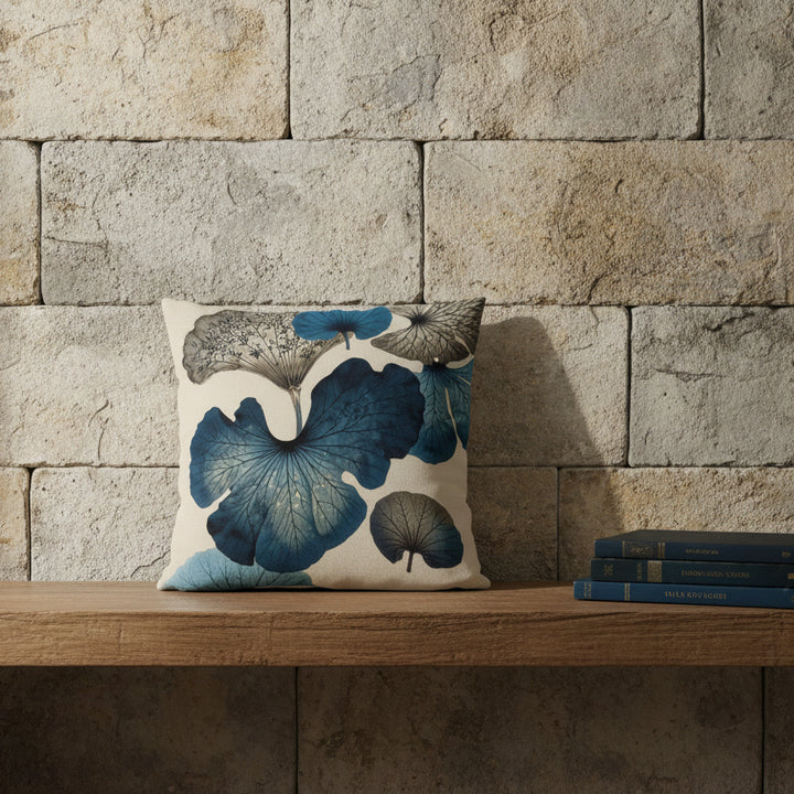 Décoration, scène d'ambiance avec un coussin imprimé feuille de  ginkgo avec motif all over bleu et brun sienne