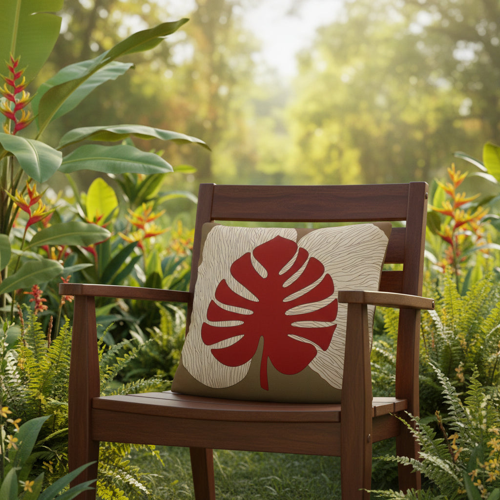 Jardin tropical avec une chaise et un Coussin d'ambiance Mzelle Design aspect Lin imprimé avec des Monsteras Deliciosa enlacées sur fond de composition graphique, écru, rouge et marron cacao.