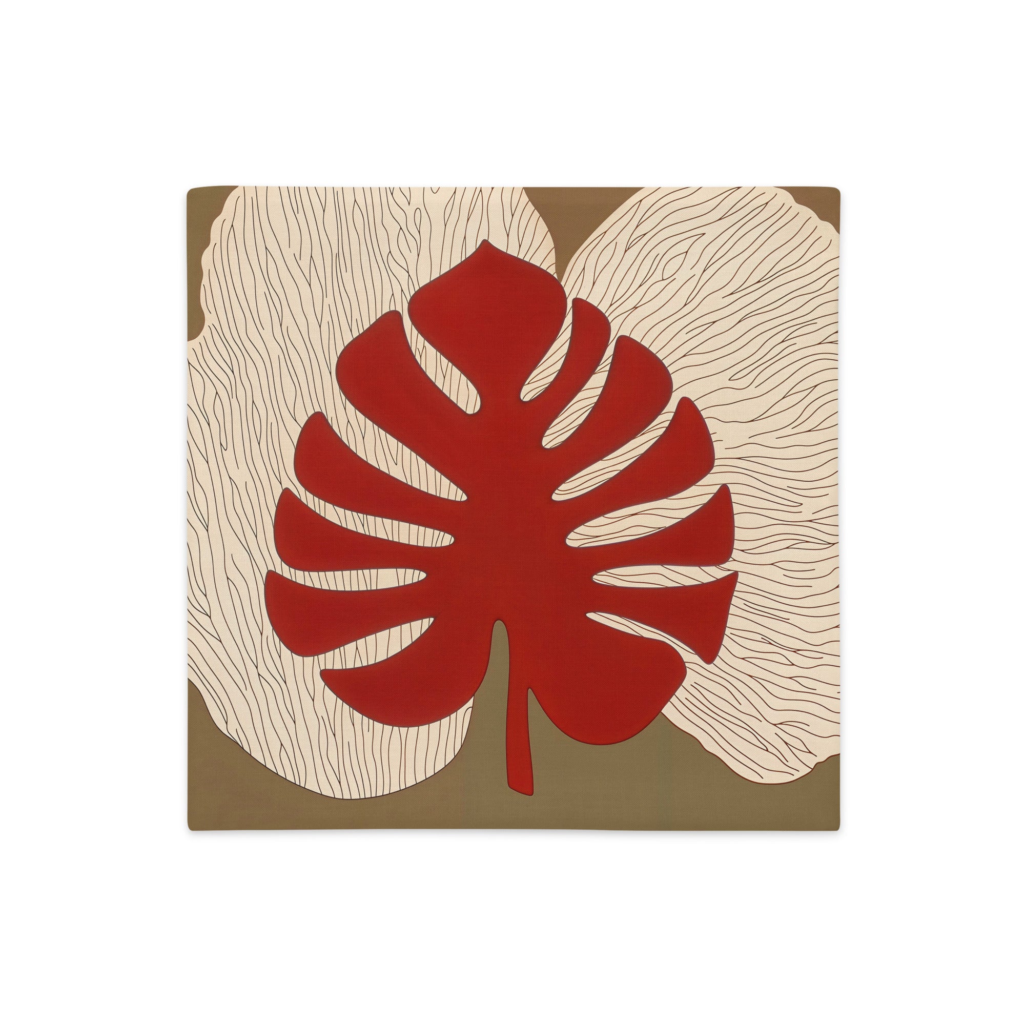 Housse de Coussin d'ambiance Mzelle Design aspect Lin imprimé avec des Monsteras Deliciosa enlacées sur fond de composition graphique, écru, rouge et marron cacao.