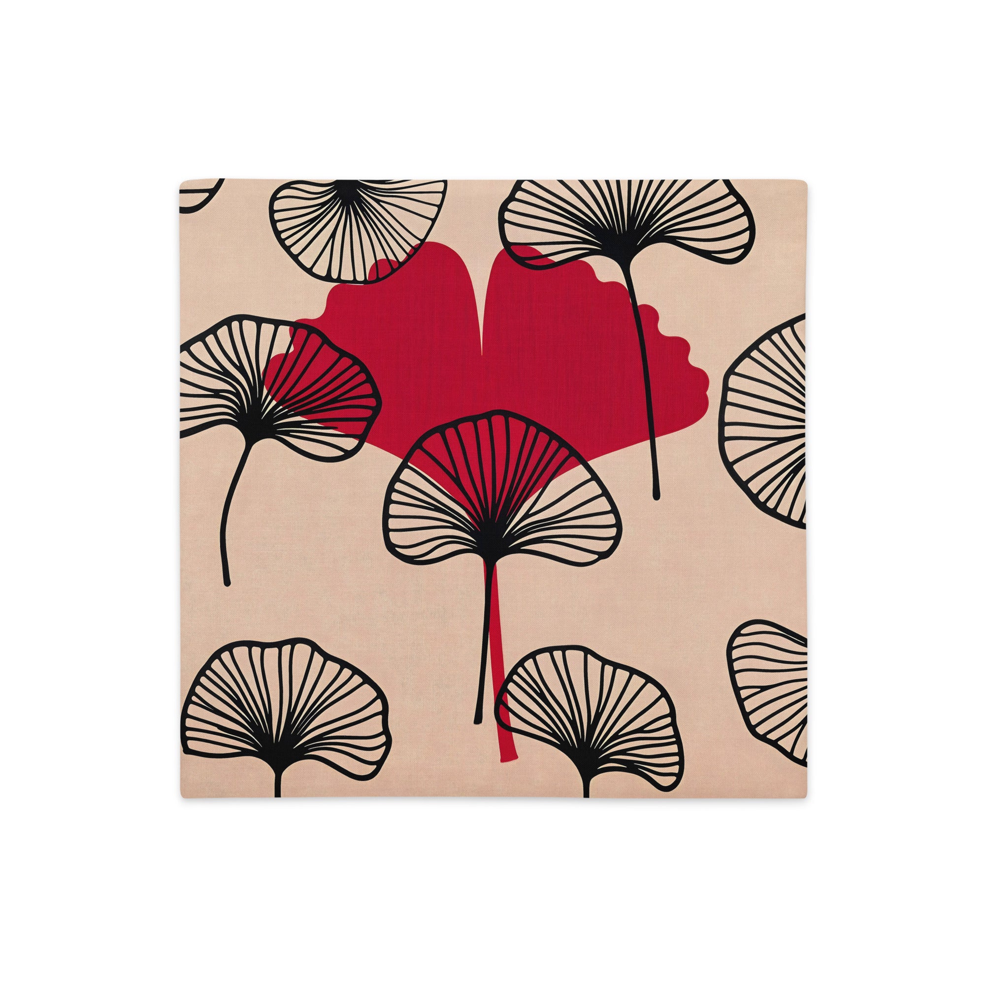 Housse décorative MZelle design, aspect lin inspirée par l'univers japonais imprimé feuille de ginkgo écru, rouge et noir.