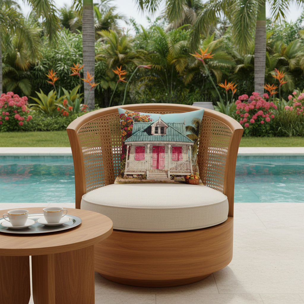 Décoration d'extérieur avec un coussin aspect lin MZelle Design, motif subtile et artistique Maison Créole colorée et fruit pomme malacca.