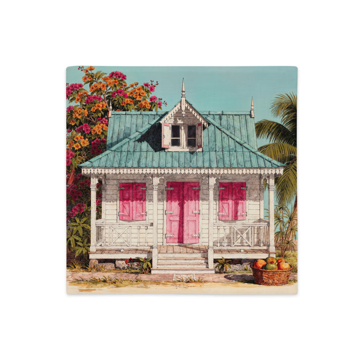 Housse de coussin aspect lin MZelle Design, motif subtile et artistique Maison Créole colorée et fruit pomme malacca.