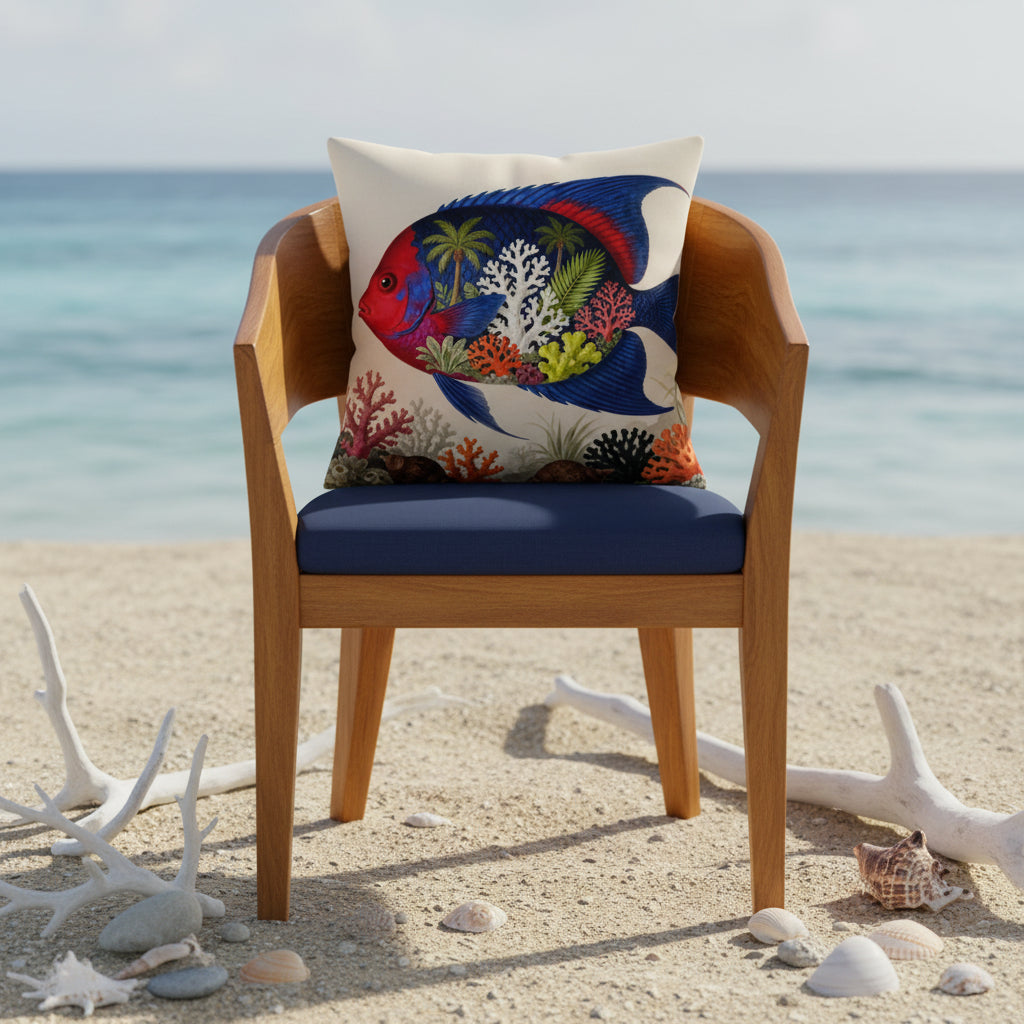 Photographie professionnelle coastal living, d'un grand coussin carré mzelle design motif poisson tropical, disposé sur une chaise créole en bois de manguier verni, assise bleu marine disposé dans un décor de véranda donnant sur la plage.