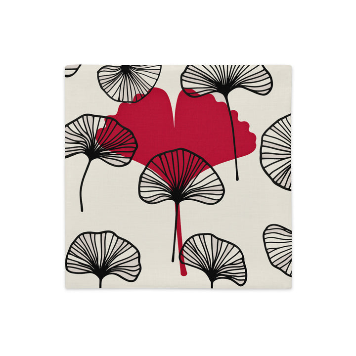 Housse décorative carré MZelle design, aspect lin inspirée par l'univers japonais imprimé feuille de ginkgo rouge sur fond écru, feuilles noires.