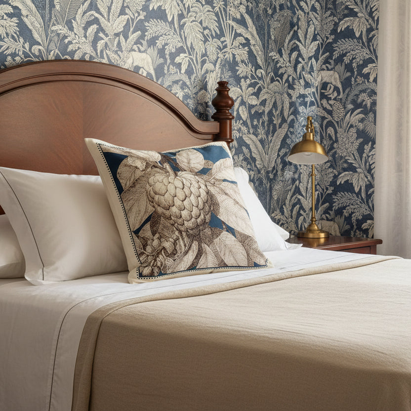 Photographie décoration chambre esprit créole orné d'un grand coussin carré mzelle design motif fruit tropical attier, tête de lit arrondie demi lune, murs avec papier peint motif jungle, voilage, lampe en laiton, draps en coton blanc et lin naturel beige.
