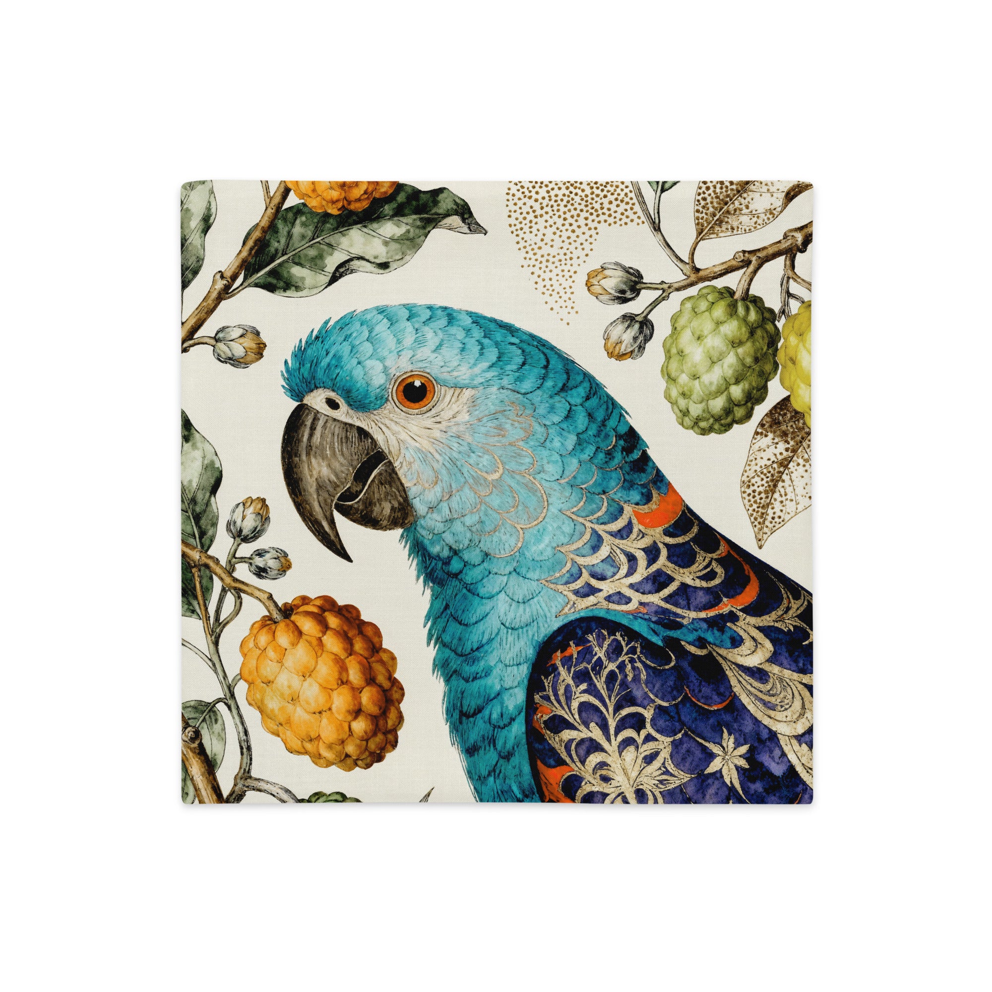 Housse décorative aspect lin, mzelle design pour Coussin haut de gamme, motif perroquet bleu et fruits exotiques au design naturaliste inspiré des Antilles. Imprimés modernes, décoration tropicale élégante.