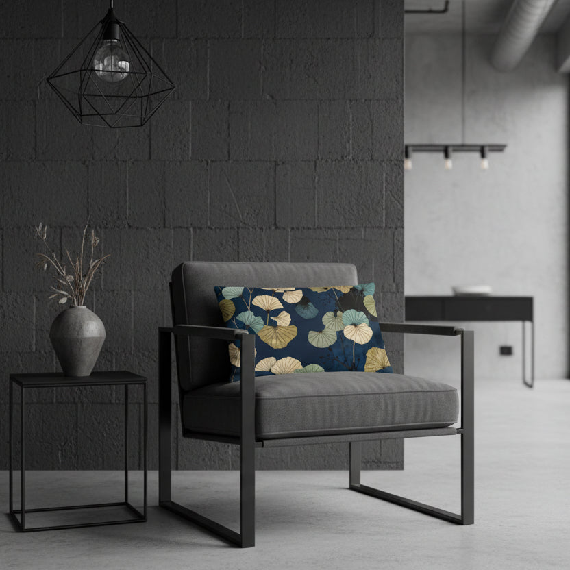 Décor chambre zen avec un Coussin décoratif Mzelle Design all over imprimé feuille de Ginkgo format rectangle, fond bleu motifs stylisés modernes. 