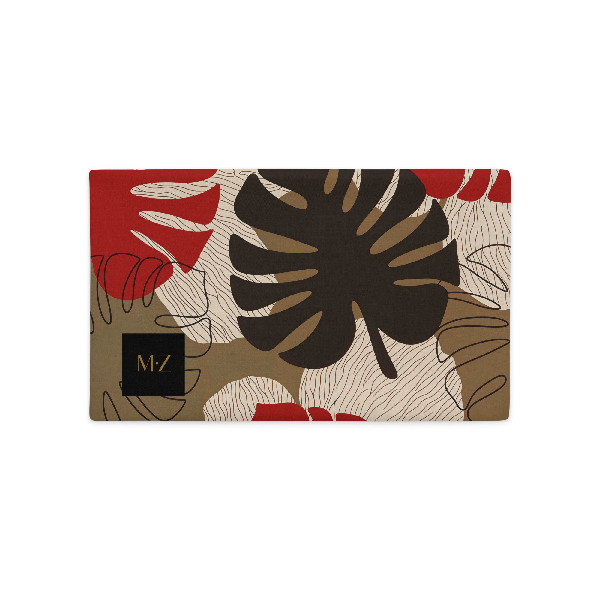 Housse de Coussin décoratif rectangulaire MZelle Design aspect Lin imprimé avec des Monsteras Deliciosa enlacées sur fond de composition graphique, écru, rouge et marron cacao.