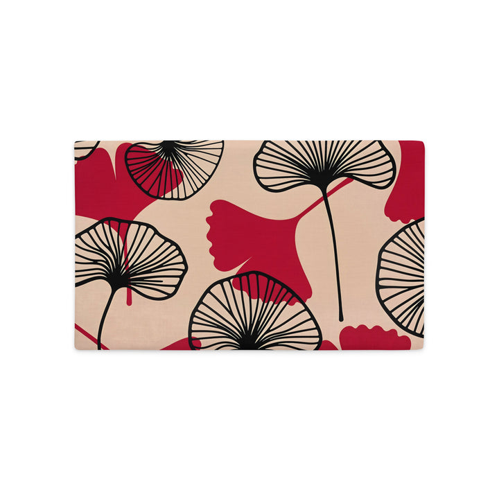 Housse décorative rectangle MZelle design, aspect lin inspirée par l'univers japonais imprimé feuille de ginkgo écru, rouge et noir.