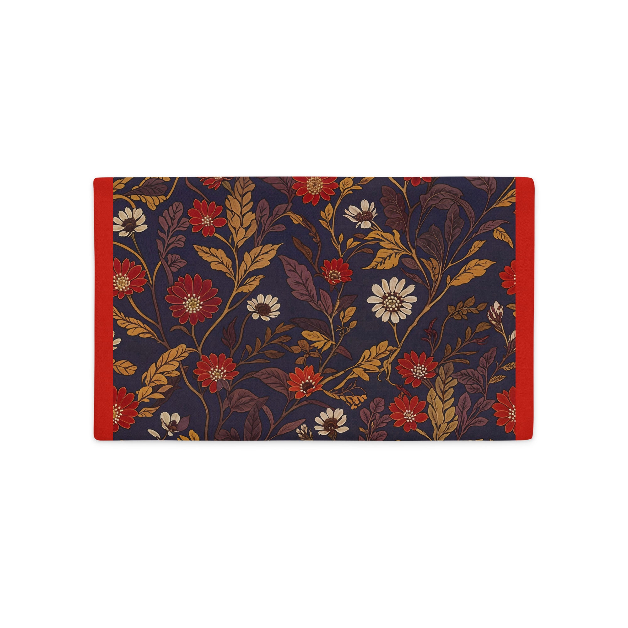 Housse de Coussin décoratif rectangulaire Mzelle Design imprimé  sur un fond fleuri bleu nuit, ordure orange, style indien raffiné.