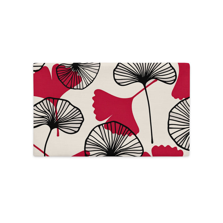 Housse Coussin de décoration rectangle MZelle design, aspect lin inspirée par l'univers japonais imprimé feuille de ginkgo rouge sur fond écru, feuilles noires.