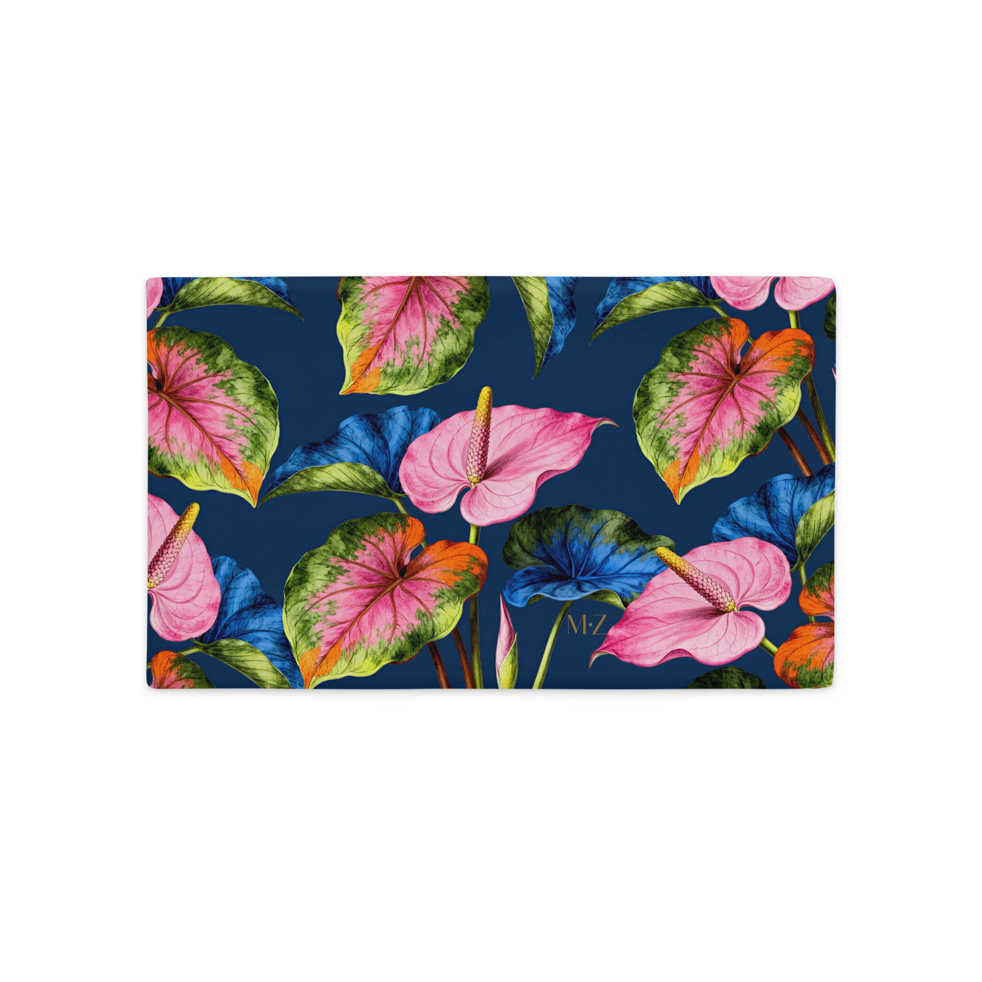 Housse de Coussin mzelle design, aspect lin rectangulaire, décoration tropicale moderne, fleurs anthuriums acidulées.