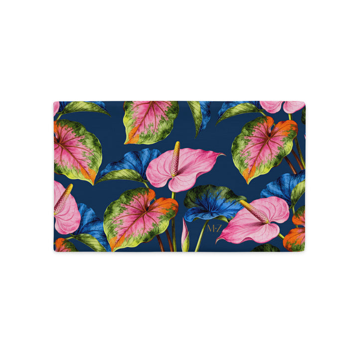 Housse de Coussin mzelle design, aspect lin rectangulaire, décoration tropicale moderne, fleurs anthuriums acidulées.