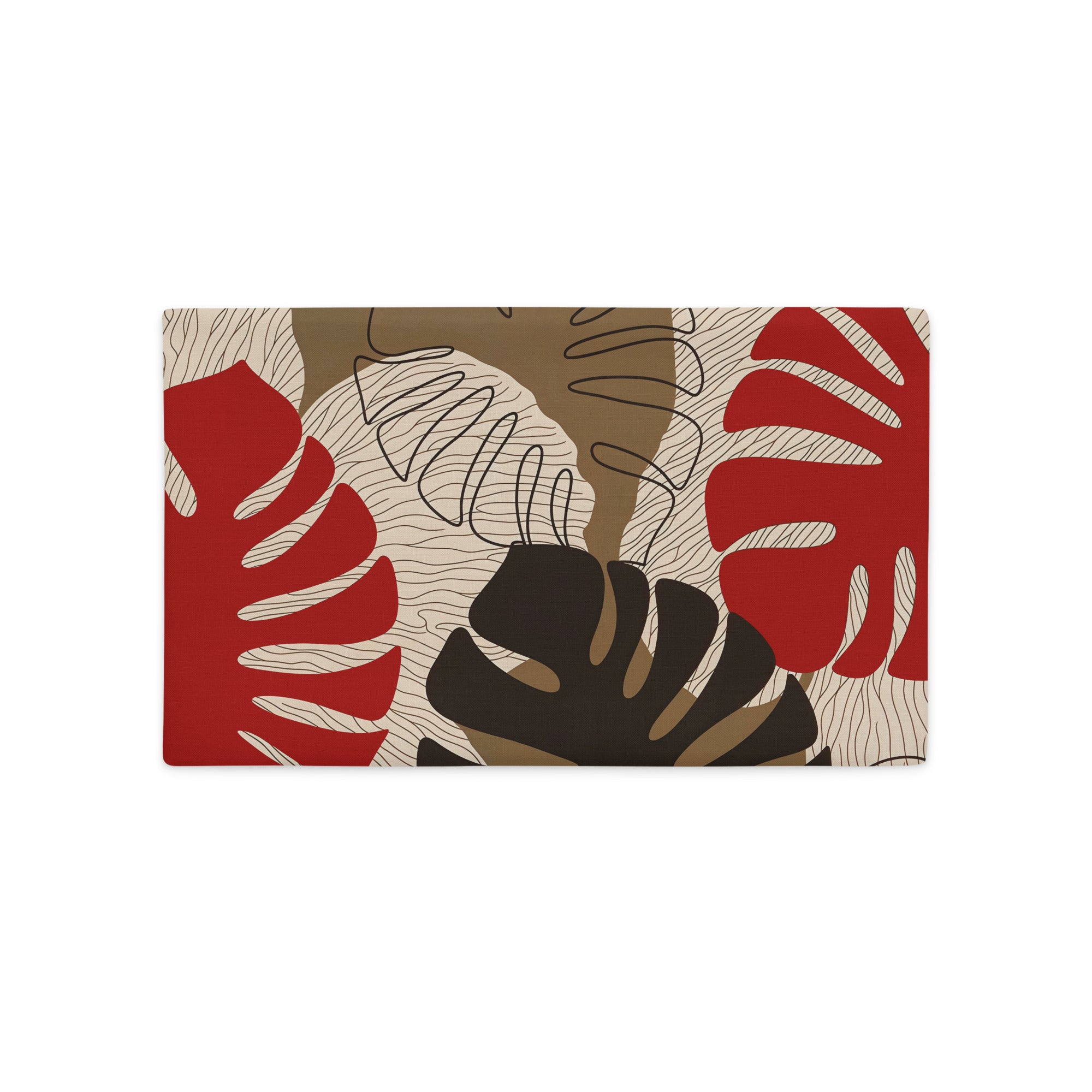 Housse de Coussin décoratif rectangulaire Mzelle Design aspect Lin imprimé avec des Monsteras Deliciosa enlacées sur fond de composition graphique, écru, rouge et marron cacao.