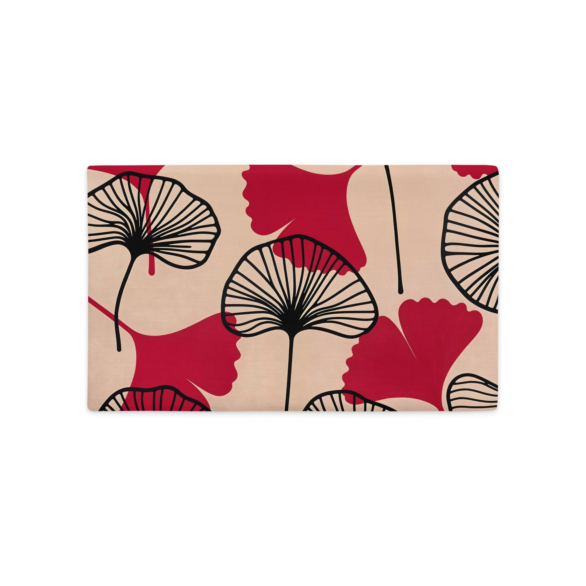 Housse décorative rectangle MZelle design, aspect lin inspirée par l'univers japonais imprimé feuille de ginkgo écru, rouge et noir.