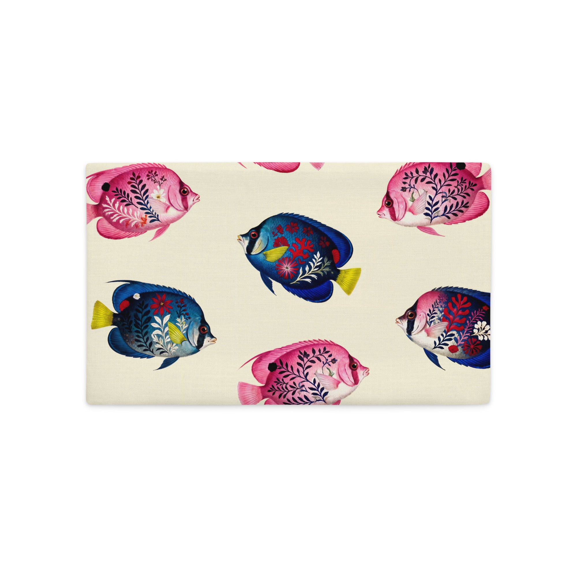 Housse de Coussin rectangulaire mzelle design, motif style naturaliste pour décoration tropicale, all over de poissons exotiques colorés, fond écru. 