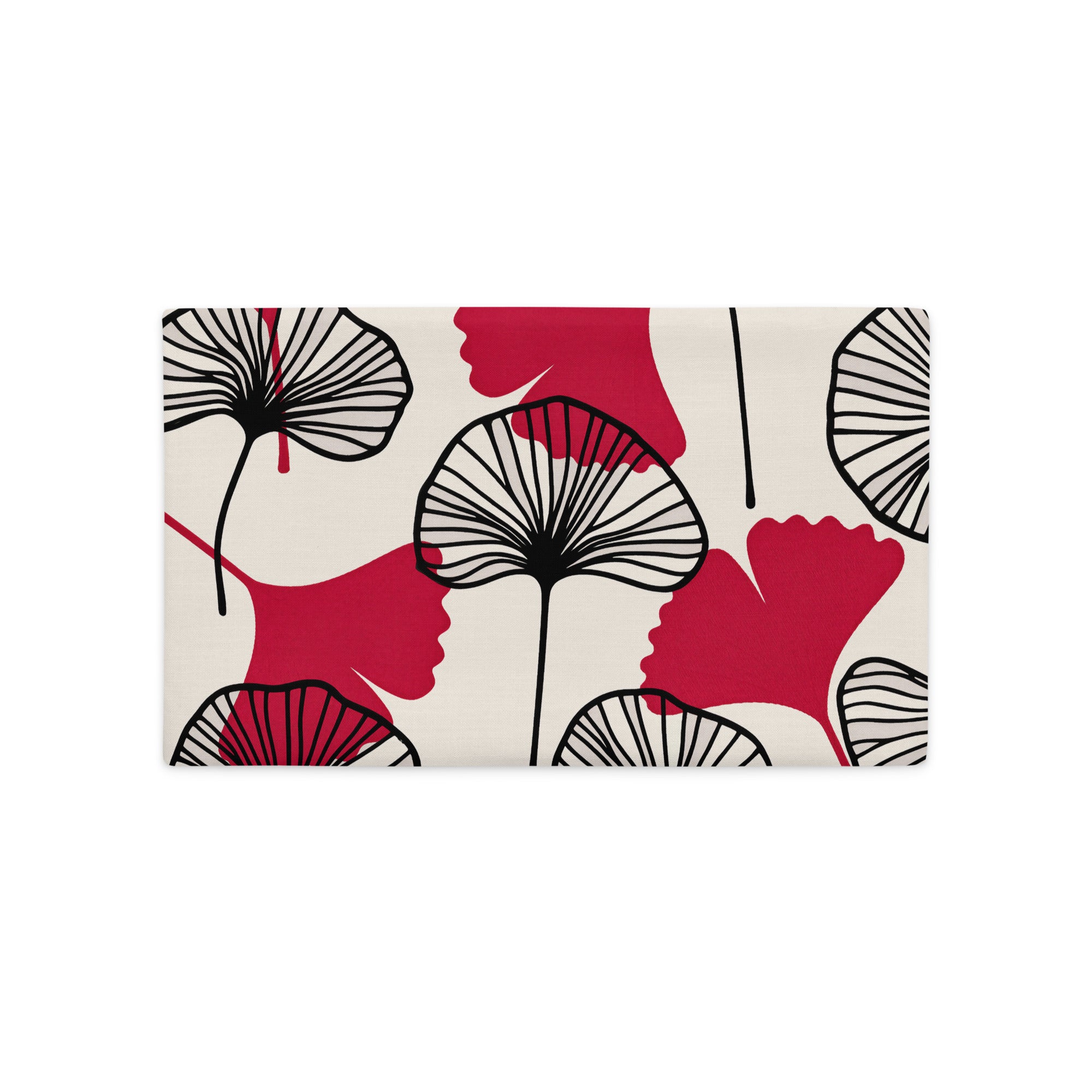 Coussin de décoration rectangle MZelle design, aspect lin inspirée par l'univers japonais imprimé feuille de ginkgo rouge sur fond écru, feuilles noires.