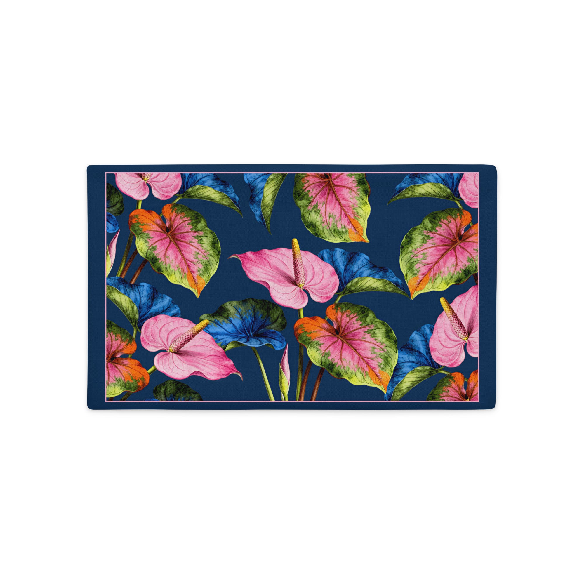 Housse de Coussin mzelle design, aspect lin rectangulaire, décoration tropicale moderne, fleurs anthuriums acidulées.