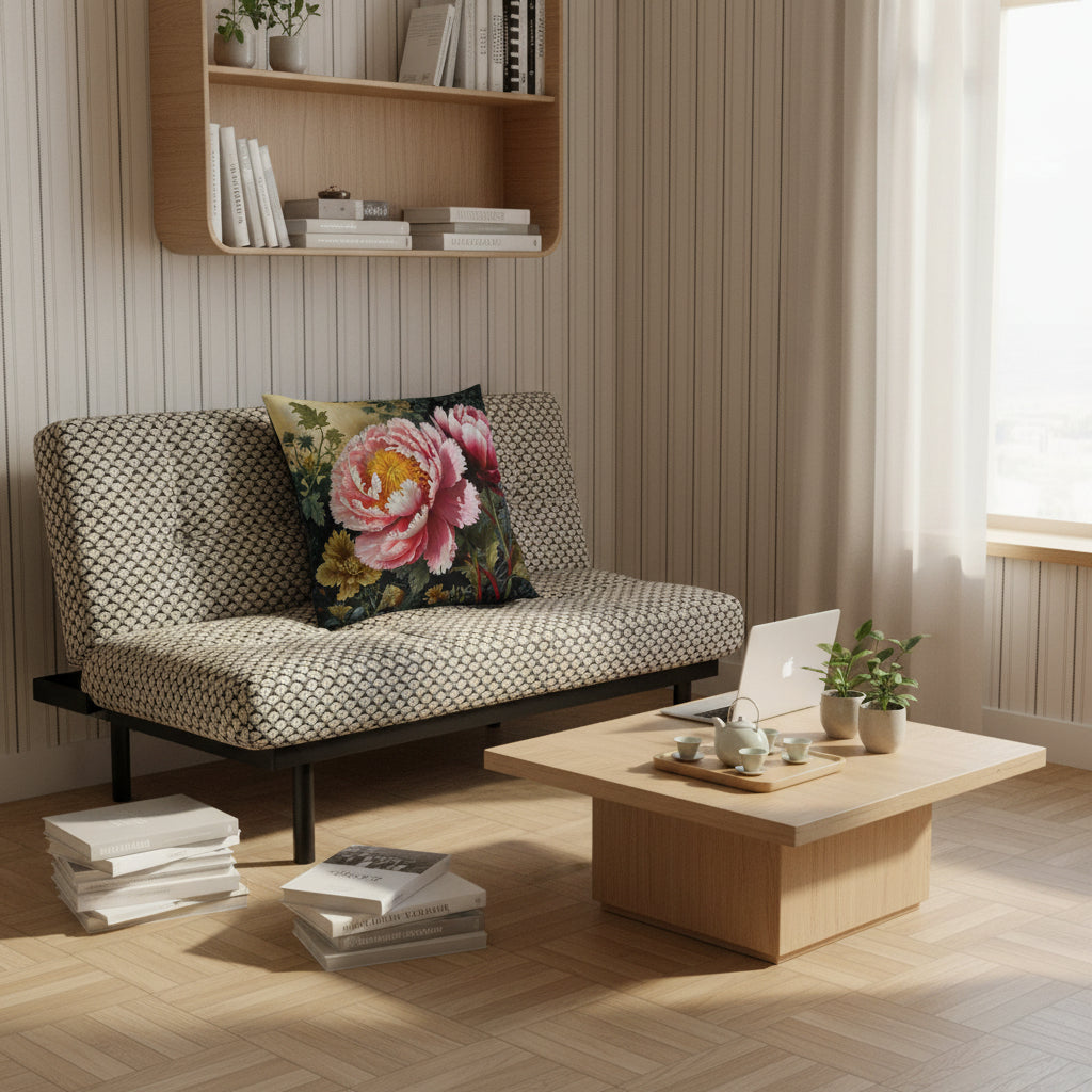 Photo lifestyle, décor zen, ambiance loft japandi,  vue de face d'un futon moderne orné du large coussin carré, dans un angle du salon, livres sur le sol en parquet clair, un plateau avec un service a thé traditionnel, plantes sur un table basse à coté d'un ordinateur portable ouvert. 