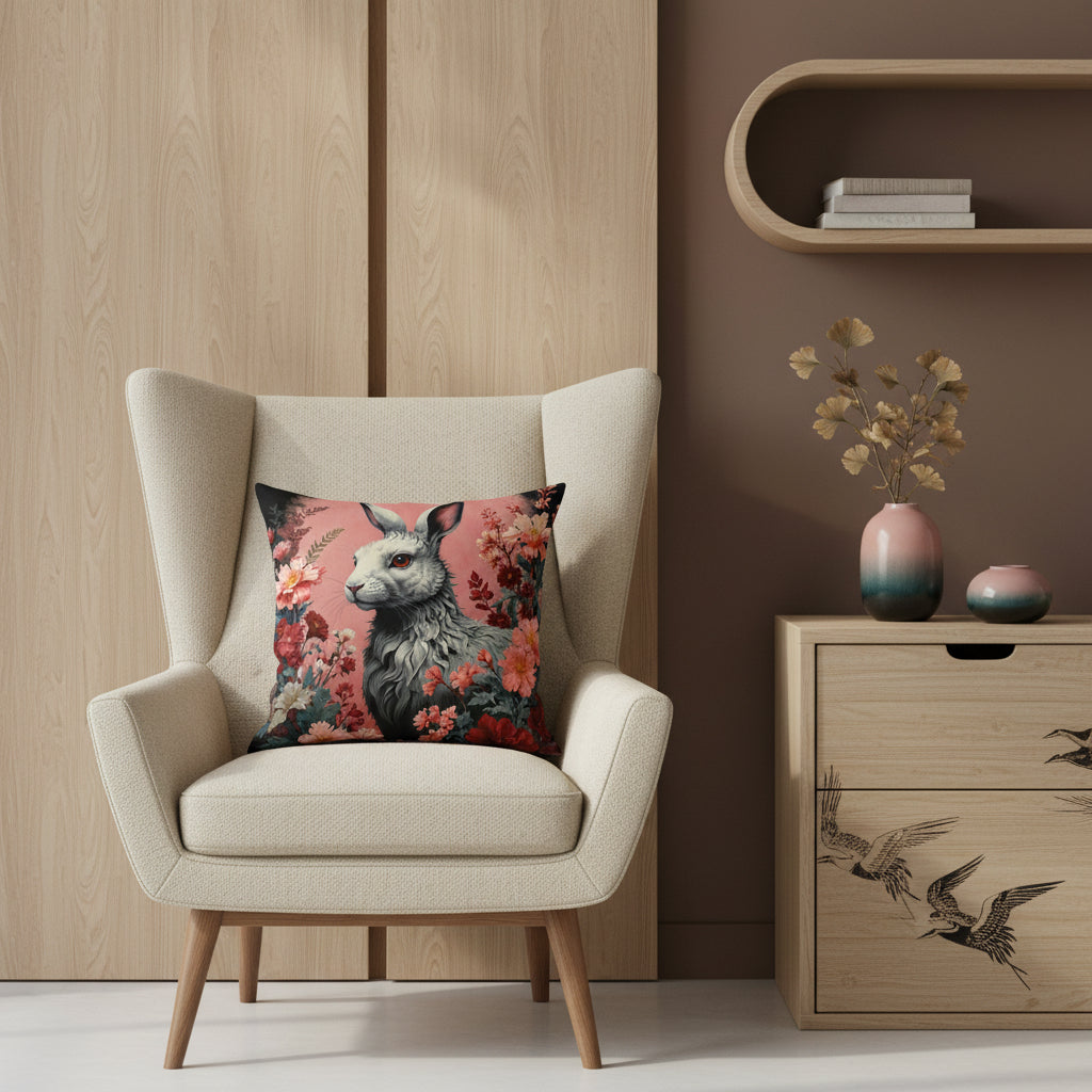 Photographie d'intérieur, lumière naturelle douce. Vue de face d'une chaise dossier haut en triangle, lignes épurées sans accoudoirs, assise en tweed écru, orné d'un large coussin carré. A côté, un coffre en bois clair avec tiroir peint de motifs graphiques japonais noir avec un service à thé.