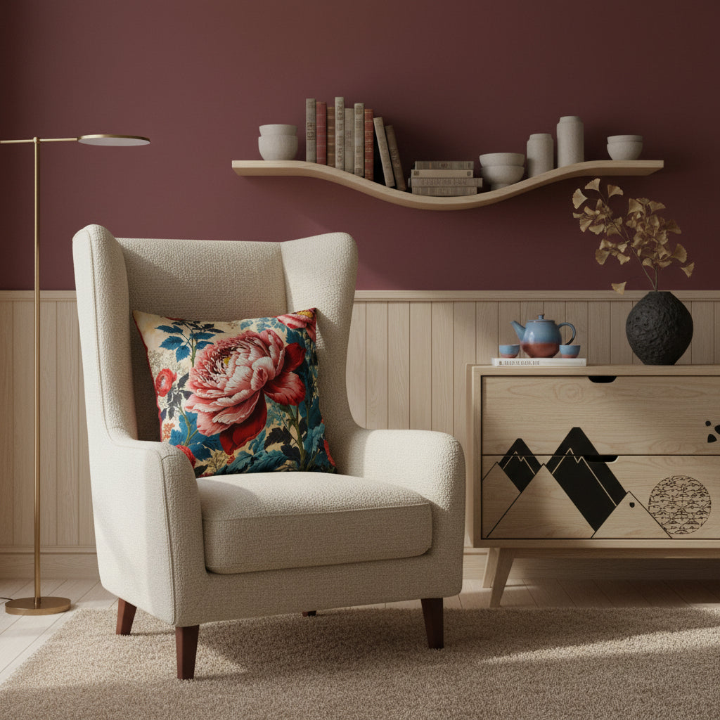 Photographie d'intérieur haut de gamme, d'une chaise dossier haut en demi-lune, lignes épurées  sans accoudoirs, assise en tweed écru, orné d'un large coussin carré. A côté, un coffre en bois clair avec tiroir peint de motifs graphiques japonais noir avec un service à thé en céramique. 