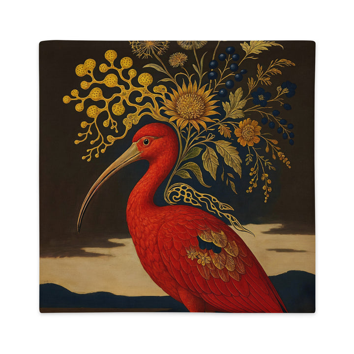 housse de Coussin artistique décoration Mzelle Design, superbe Ibis rouge d'Amérique du sud, posant avec élégance sur un fond marron chocolat. 