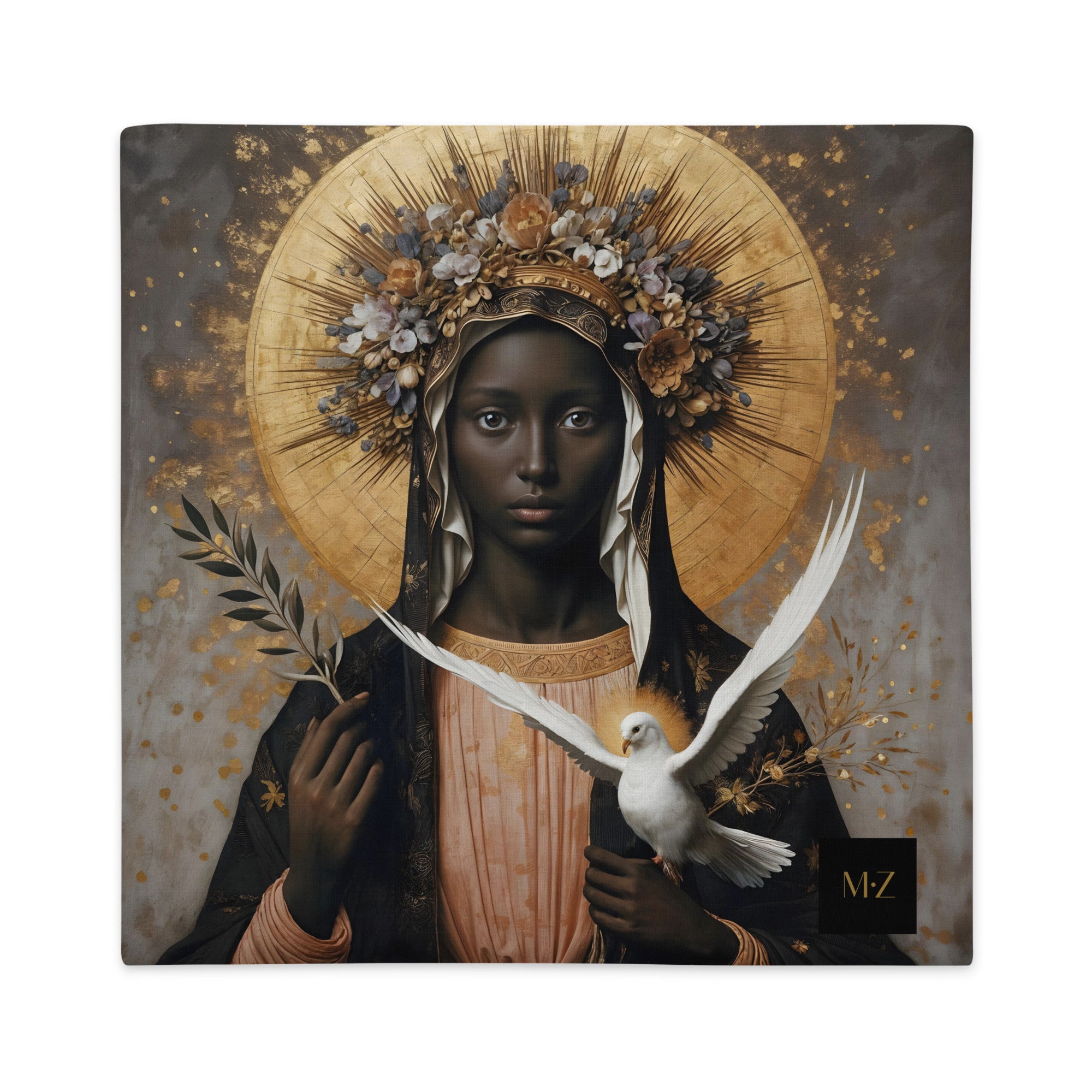 Housse de Coussin artistique mzelle design, visage de MADONE Vierge Noire tenant une Colombe