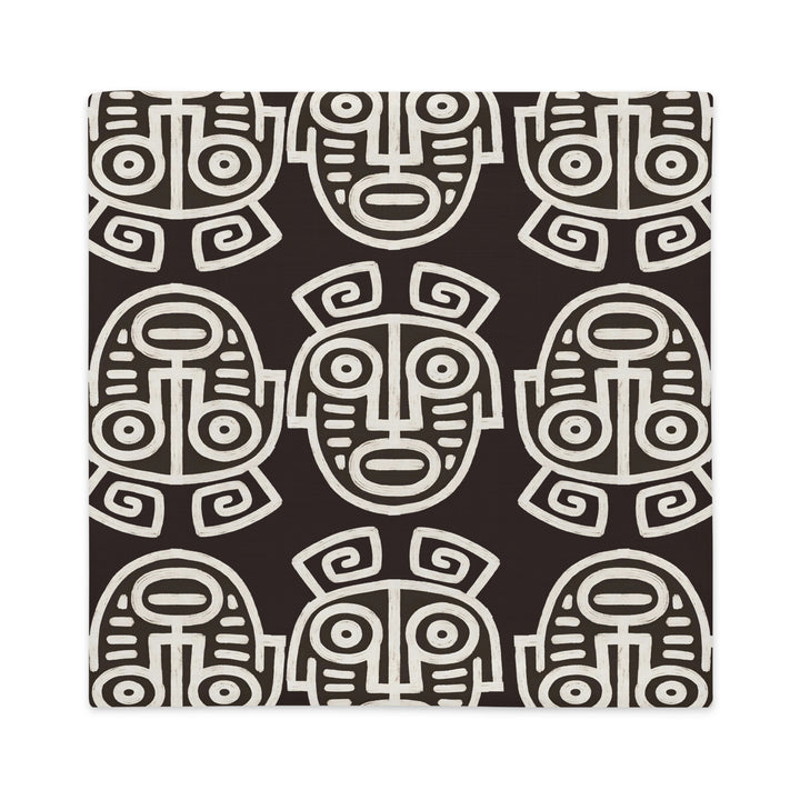 Housse de Coussin MZelle Design, Décoration Ethnique - Masque Précolombien ecru sur fond marron