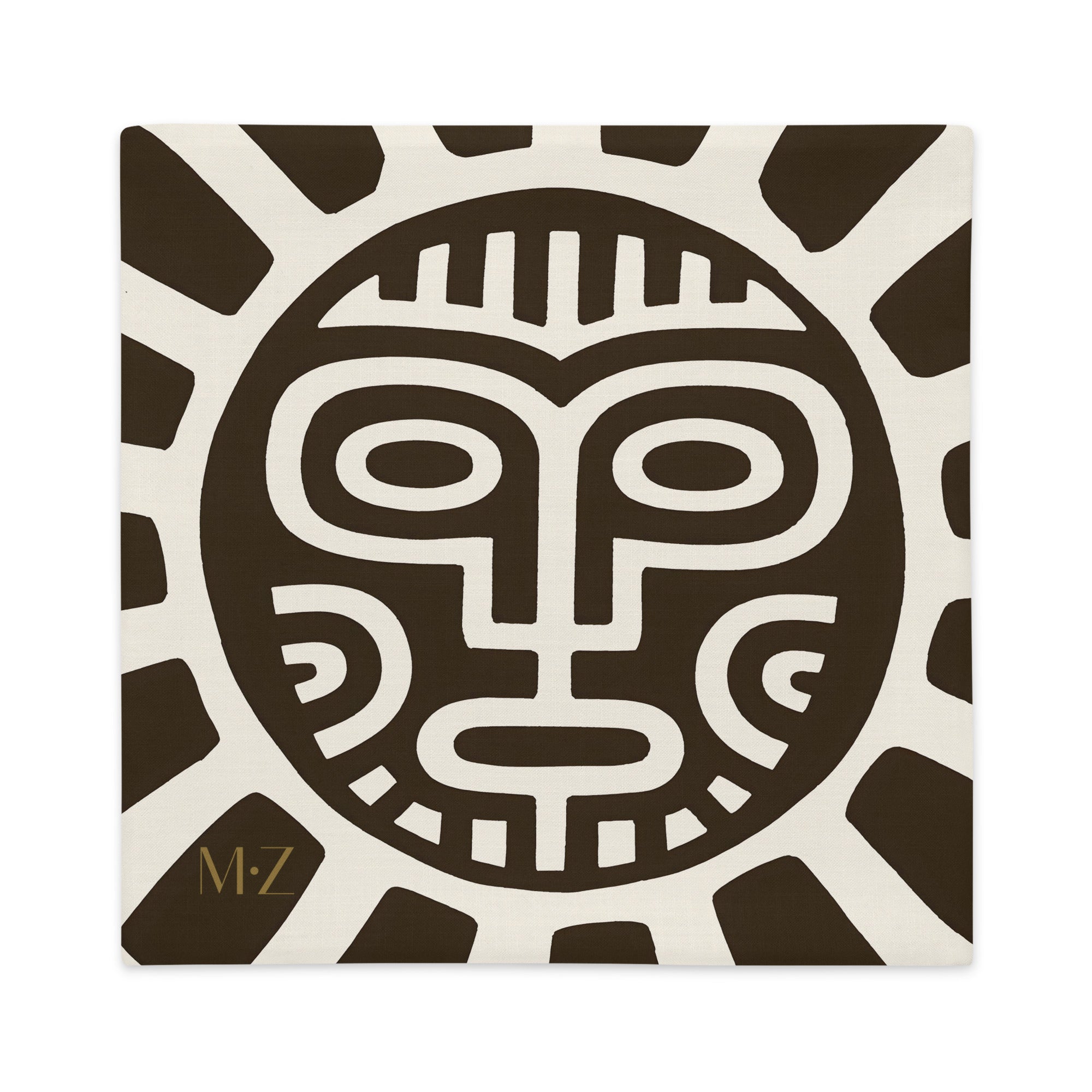 Housse décorative aspect lin MZelle Design, avec un beau Design graphique en forme de soleil et masque, d'inspiration Tainos et Arawaks sur fond clair
