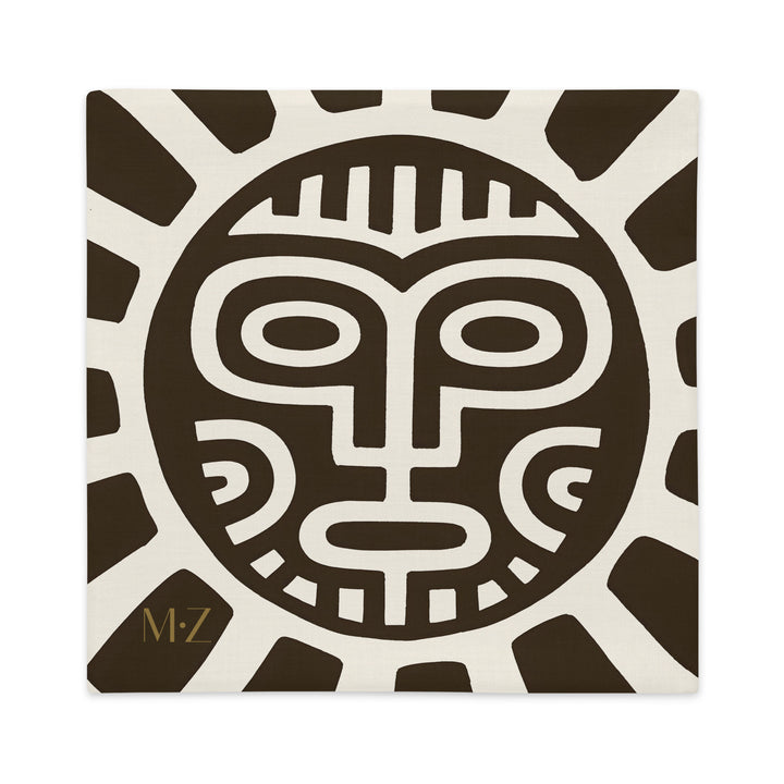 Housse décorative aspect lin MZelle Design, avec un beau Design graphique en forme de soleil et masque, d'inspiration Tainos et Arawaks sur fond clair