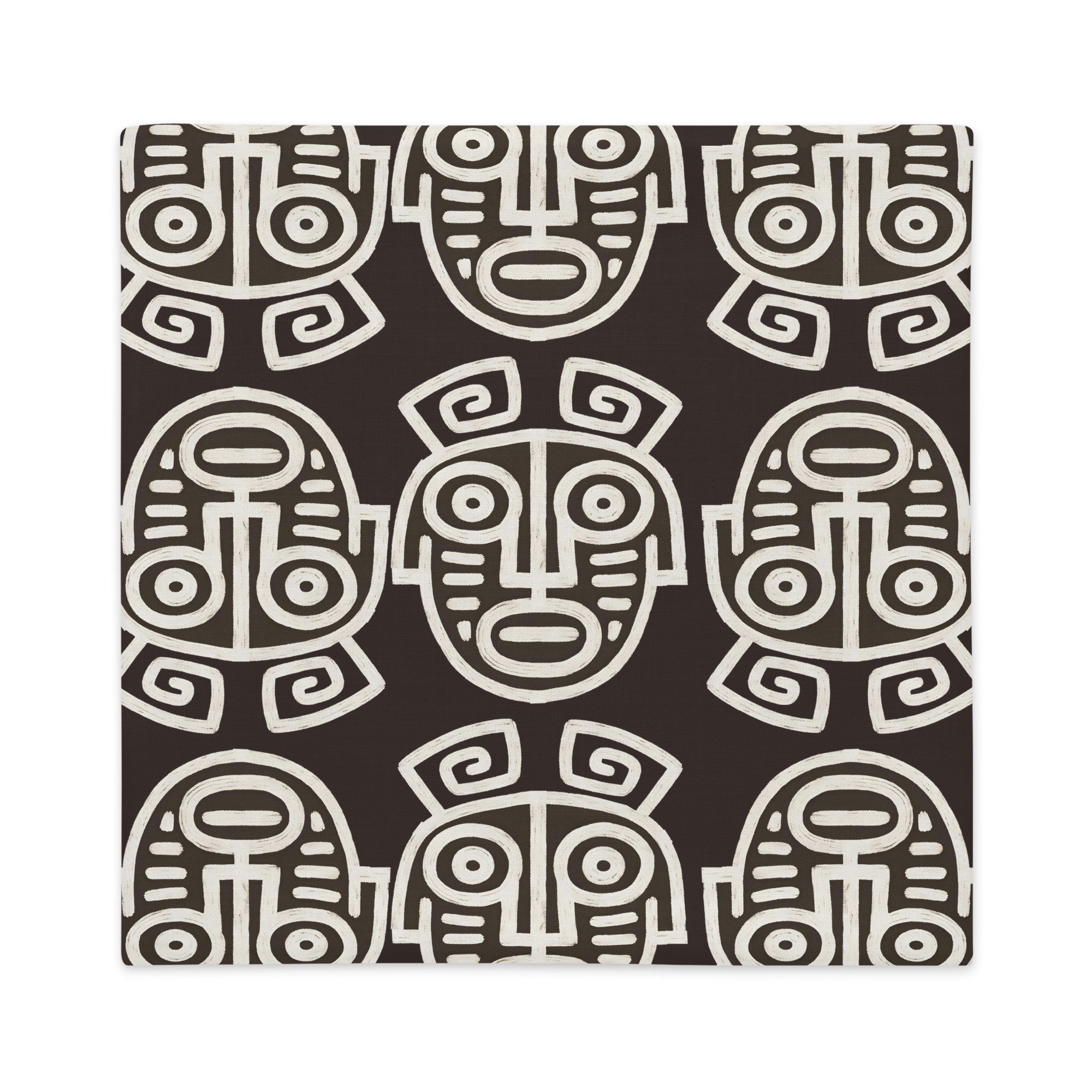 Housse de Coussin MZelle Design, Décoration Ethnique - all over de Masques Précolombiens écru sur fond marron