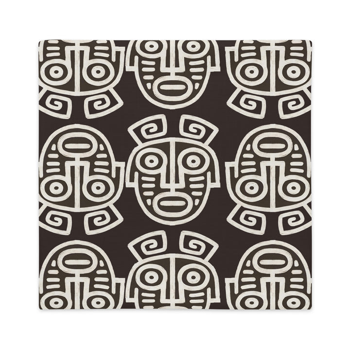 Housse de Coussin MZelle Design, Décoration Ethnique - all over de Masques Précolombiens écru sur fond marron